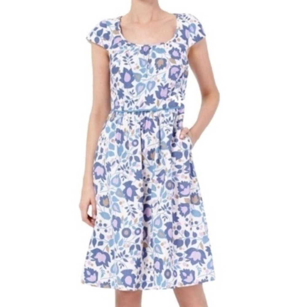 BODEN // 100% Linen Floral Print Dress, White, Blue & Purple, size 8